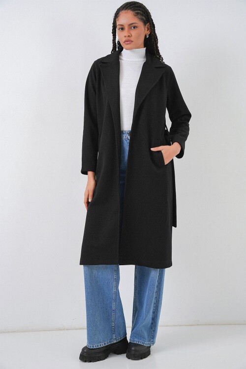 Merterium 9118 Kruvaze Yaka Kaşe Kaban - Siyah