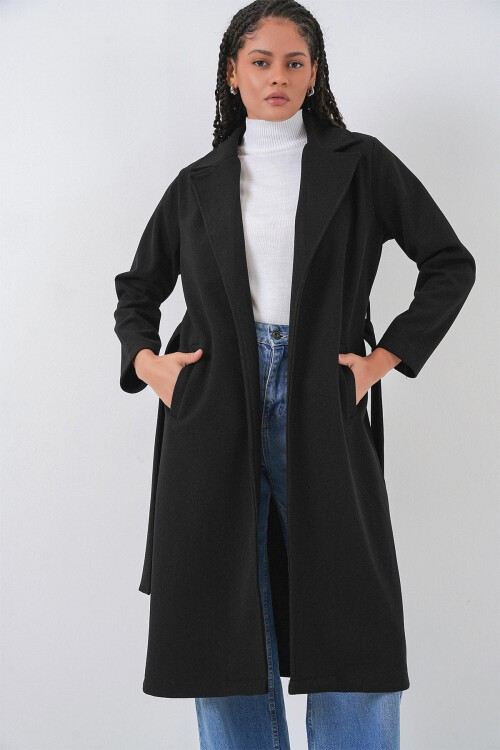 Merterium 9118 Kruvaze Yaka Kaşe Kaban - Siyah