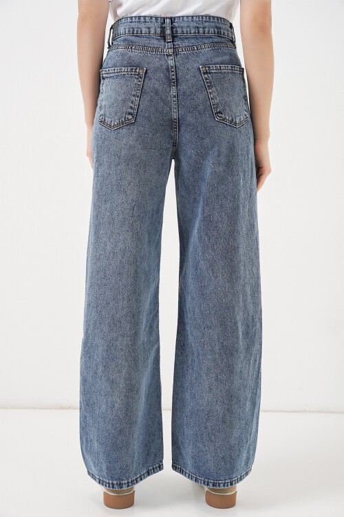 Merterium Kadın Bol Paça Yüksek Bel Palazzo Kot Pantolon 6656 - Mavi