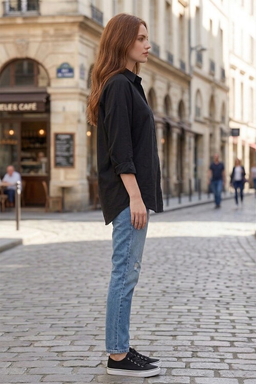 Oversize Basic Siyah Gömlek 