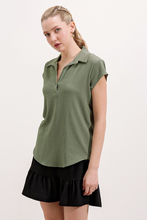 20123 Polo Yaka Örme Bluz - Haki