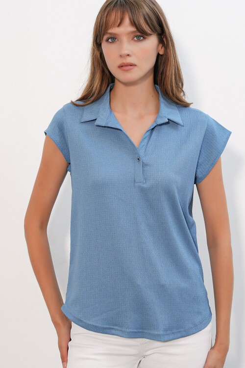 20123 Polo Yaka Örme Bluz - İndigo