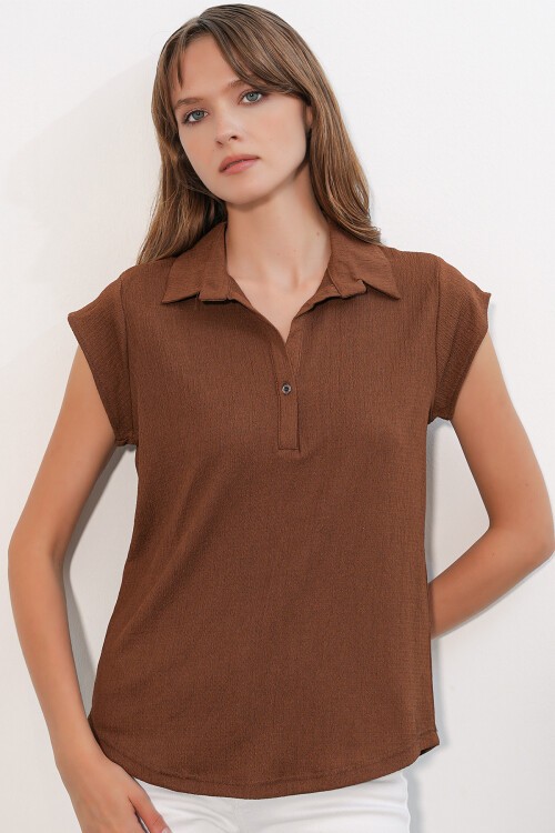 20123 Polo Yaka Örme Bluz - Kahverengi