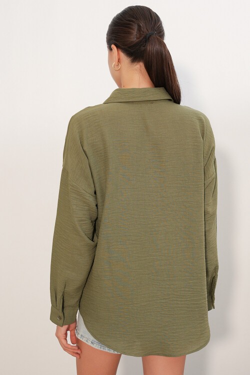 20153 Tek Cepli Oversize Keten Gömlek - A.Haki