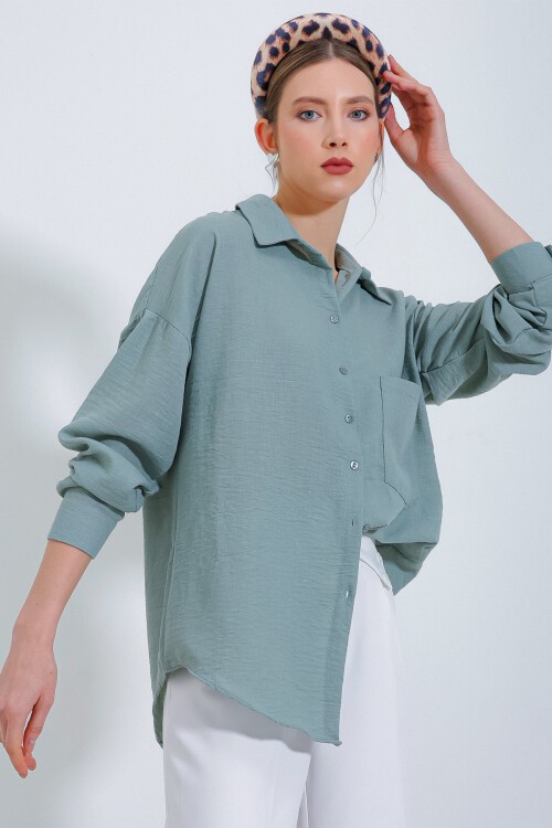 20153 Tek Cepli Oversize Keten Gömlek - Mint
