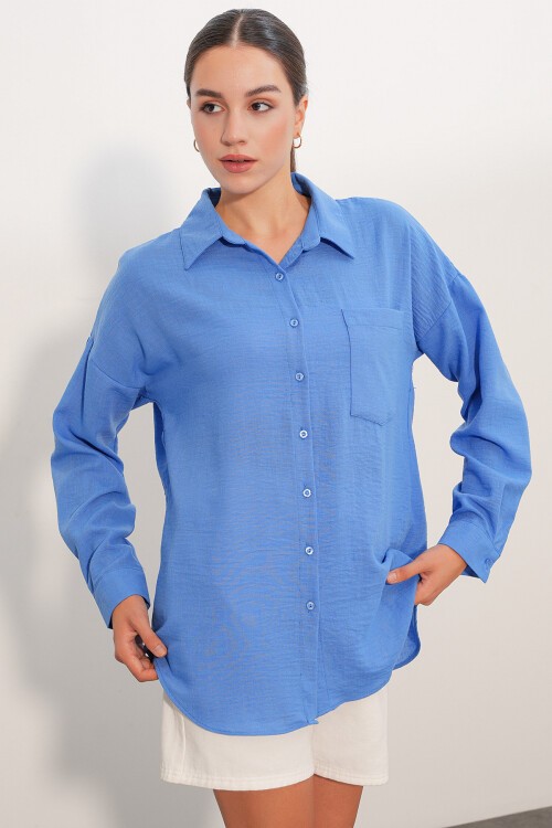 20153 Tek Cepli Oversize Keten Gömlek - Saks