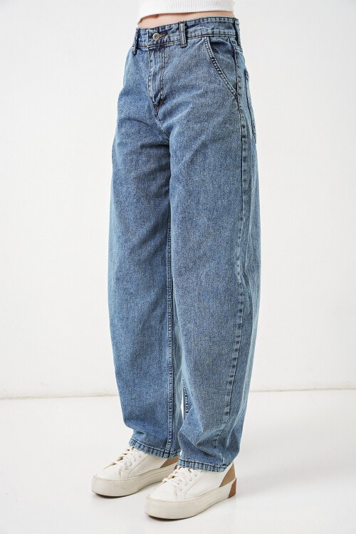 6689 Kadın Yüksek Bel Baggy Kot Pantolon - Mavi
