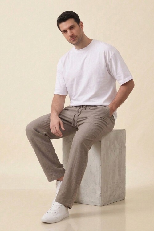 Erkek Rahat Keten Pantolon 30118 - Vizon