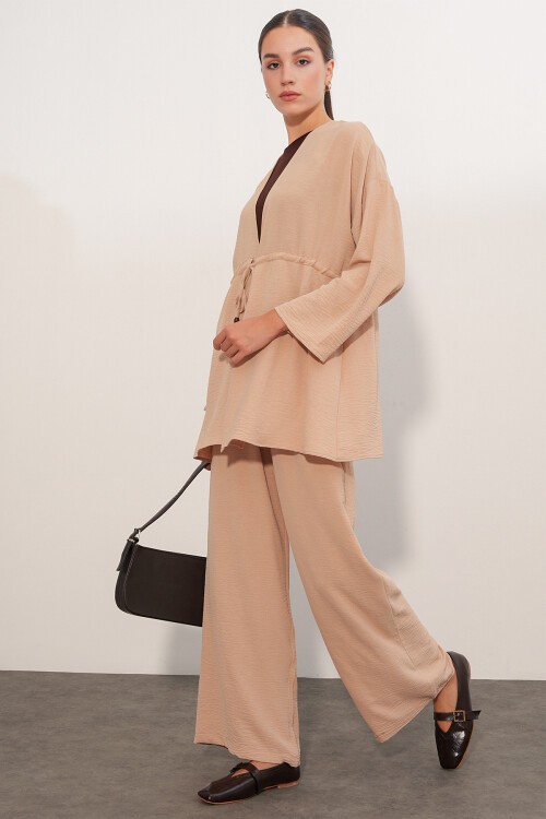 Kadın Ayrobin Kimono Pantolon İkili Takım 30101 - Bej