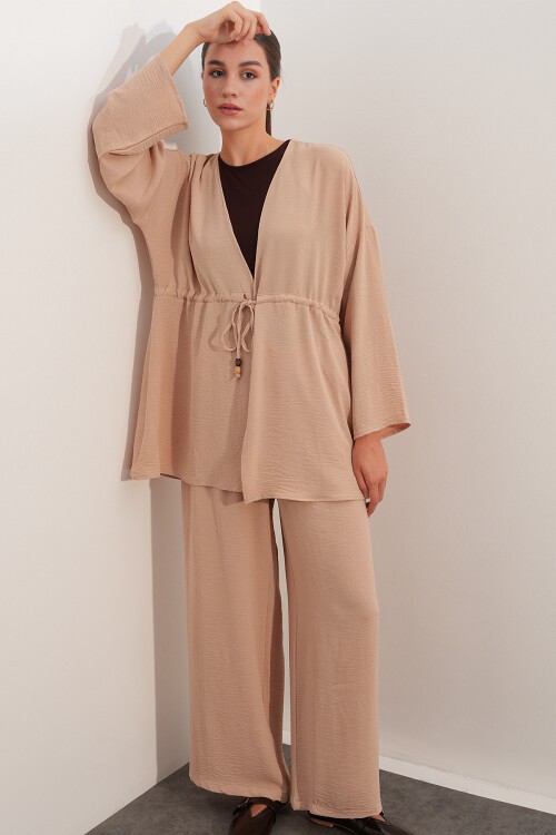 Kadın Ayrobin Kimono Pantolon İkili Takım 30101 - Bej