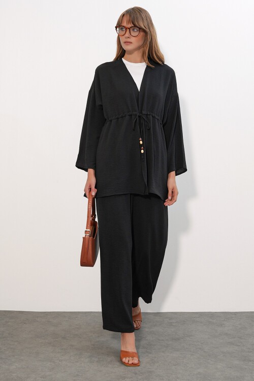 Kadın Ayrobin Kimono Pantolon İkili Takım 30101 - Siyah