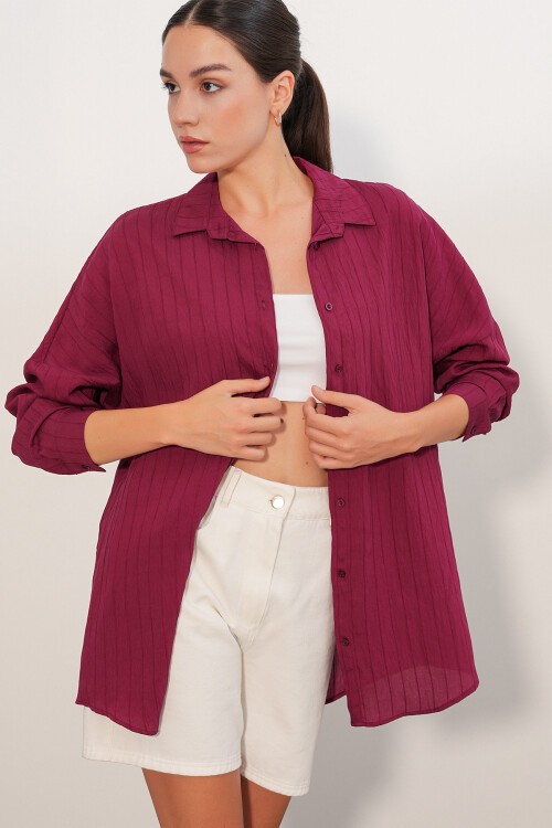 Kadın Çizgi Detaylı Oversize Gömlek 20407 - Bordo