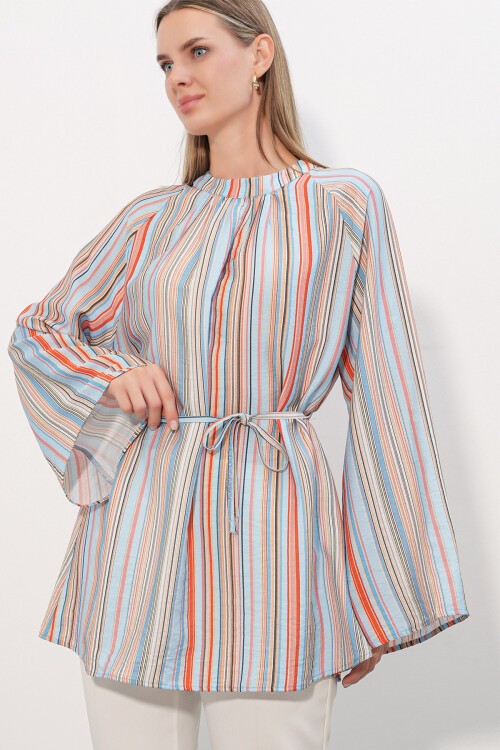 Kadın Çizgili Bağcıklı Oversize Tunik 50009 - Mavi