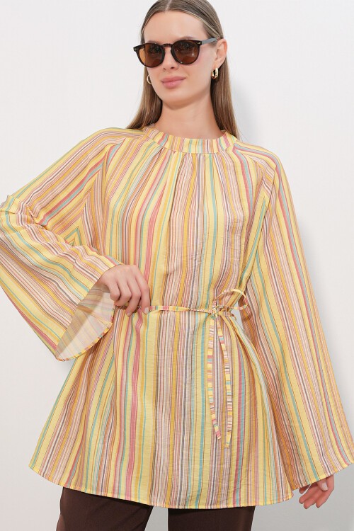 Kadın Çizgili Bağcıklı Oversize Tunik 50009 - Sarı