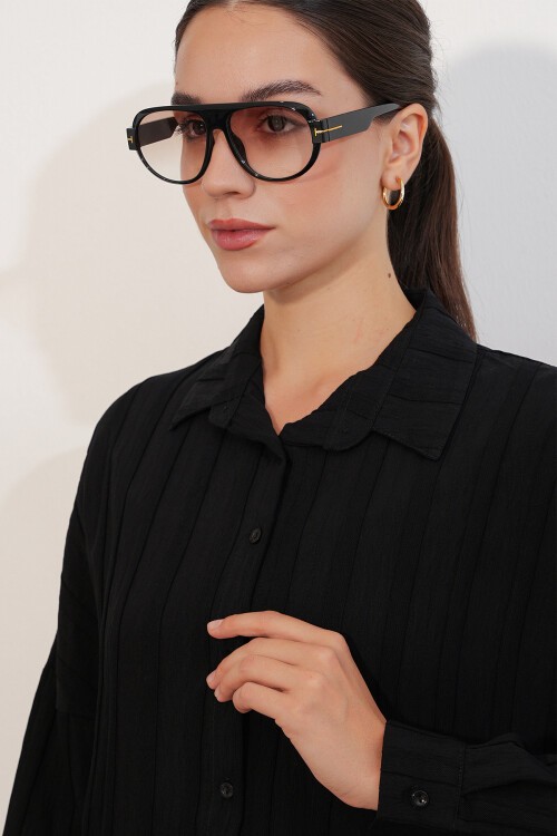 Kadın Çizgili Oversize Gömlek 20408 - Siyah
