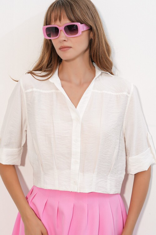 Kadın Crop Oversize Gömlek 20390 - Beyaz
