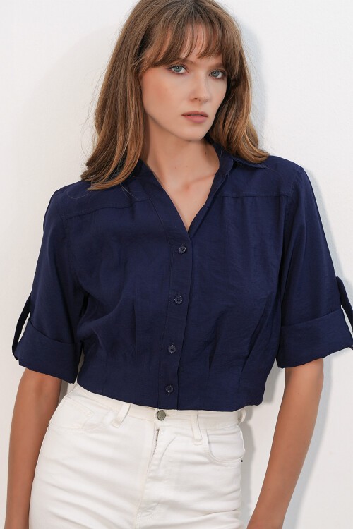 Kadın Crop Oversize Gömlek 20390 - Lacivert