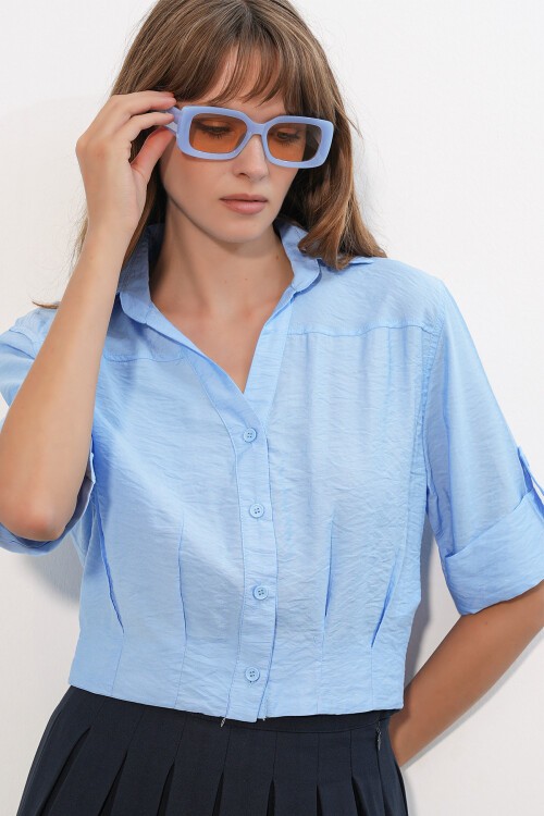 Kadın Crop Oversize Gömlek 20390 - Mavi