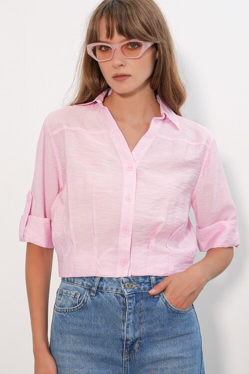 Kadın Crop Oversize Gömlek 20390 - Pembe