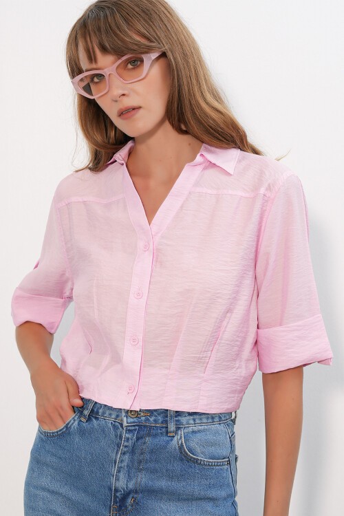 Kadın Crop Oversize Gömlek 20390 - Pembe