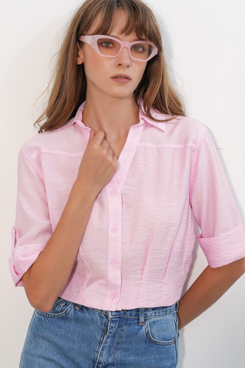 Kadın Crop Oversize Gömlek 20390 - Pembe