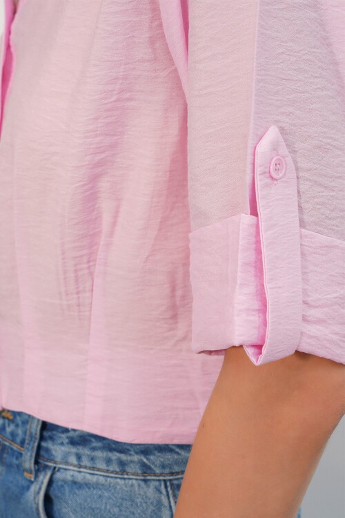 Kadın Crop Oversize Gömlek 20390 - Pembe