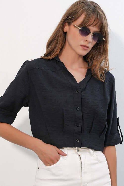 Kadın Crop Oversize Gömlek 20390 - Siyah