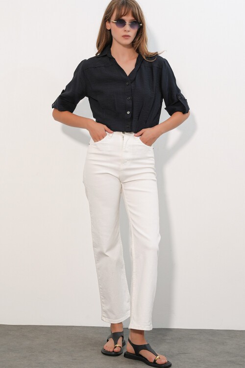 Kadın Crop Oversize Gömlek 20390 - Siyah