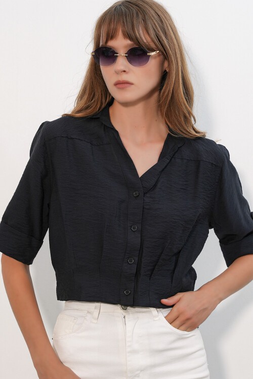 Kadın Crop Oversize Gömlek 20390 - Siyah