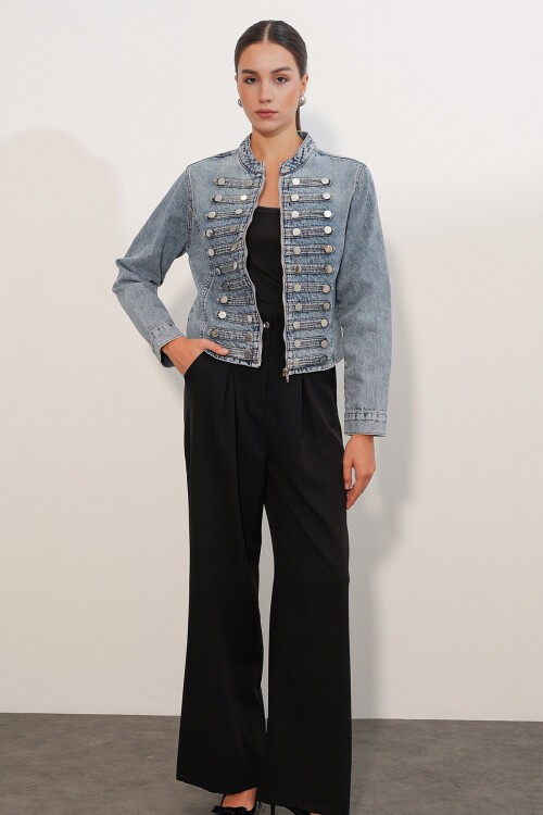 Kadın Dar Kesim Düğmeli Denim Ceket 0764 - Mavi