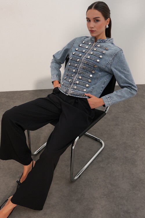Kadın Dar Kesim Düğmeli Denim Ceket 0764 - Mavi