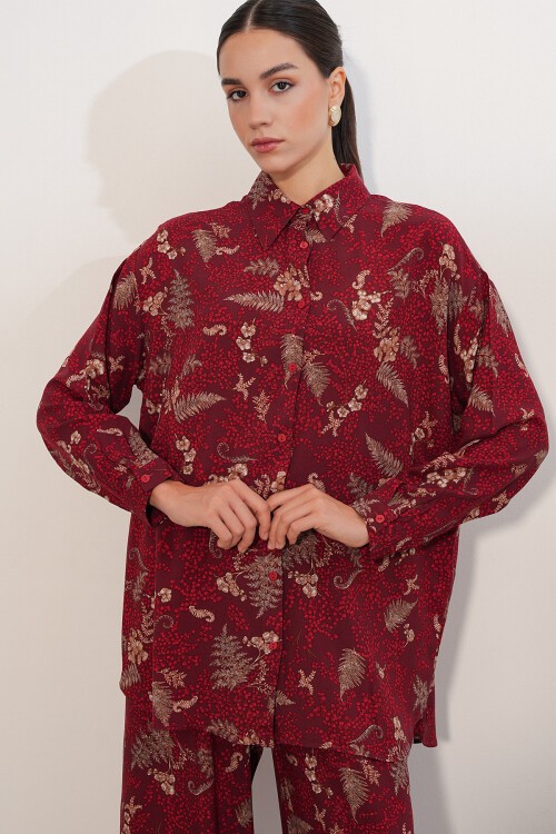 Kadın Desenli Oversize Gömlek Pantolon İkili Takım 30098 - Bordo