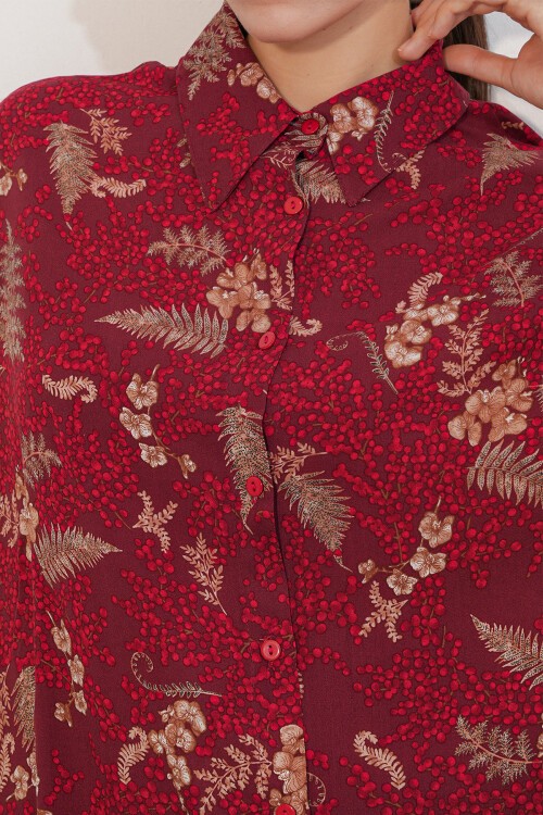 Kadın Desenli Oversize Gömlek Pantolon İkili Takım 30098 - Bordo