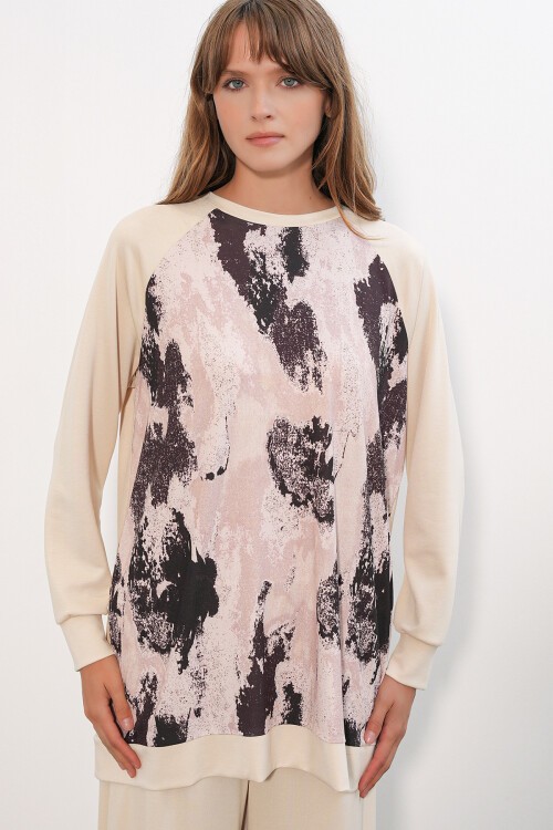Kadın Desenli Oversize Tunik Pantolon İkili Takım 55462 - Krem