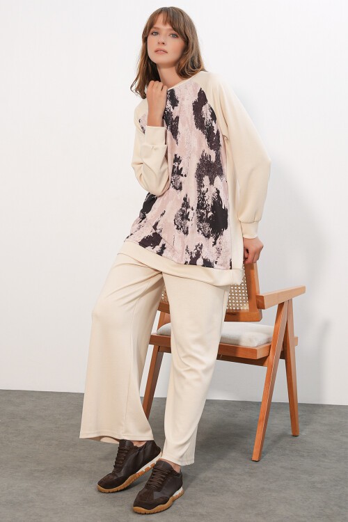 Kadın Desenli Oversize Tunik Pantolon İkili Takım 55462 - Krem