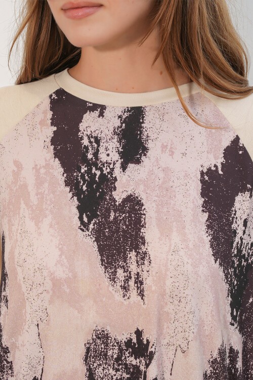 Kadın Desenli Oversize Tunik Pantolon İkili Takım 55462 - Krem