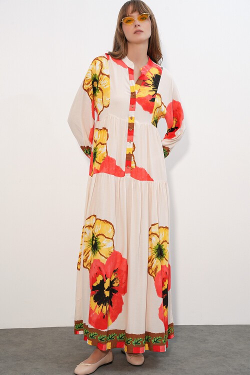 Kadın Desenli Uzun Tesettür Elbise 2585 - Nar