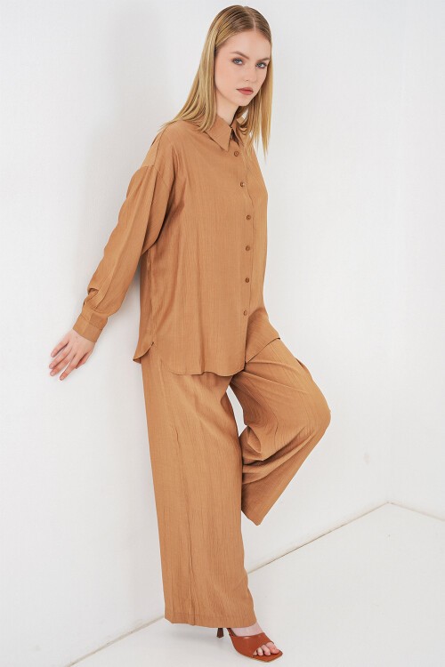 Kadın Dokulu Gömlek Pantolon İkili Takım 6710 - Camel