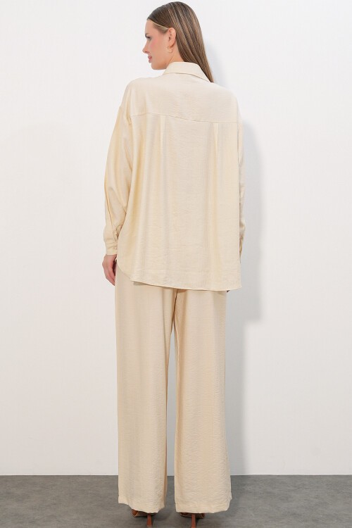 Kadın Dokulu Gömlek Pantolon İkili Takım 6710 - Ekru