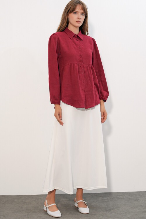 Kadın Dokulu Oversize Keten Gömlek 20381 - Bordo