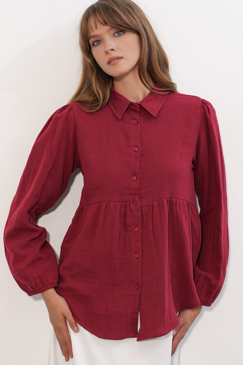Kadın Dokulu Oversize Keten Gömlek 20381 - Bordo
