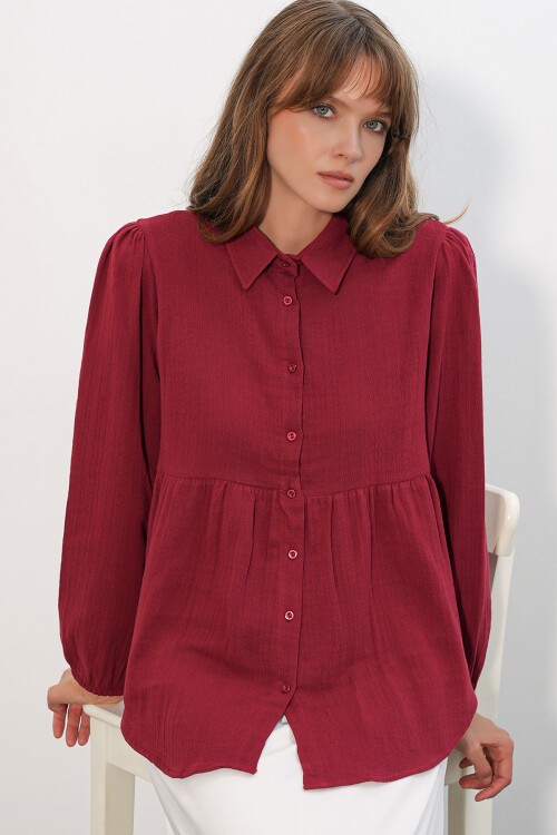 Kadın Dokulu Oversize Keten Gömlek 20381 - Bordo