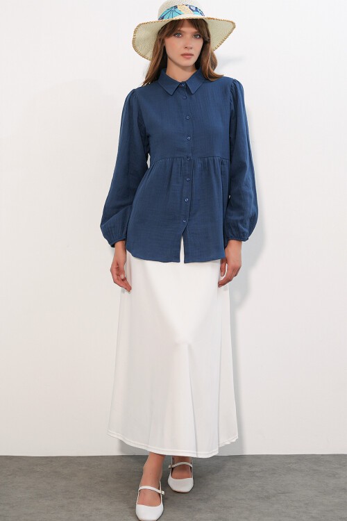 Kadın Dokulu Oversize Keten Gömlek 20381 - Lacivert