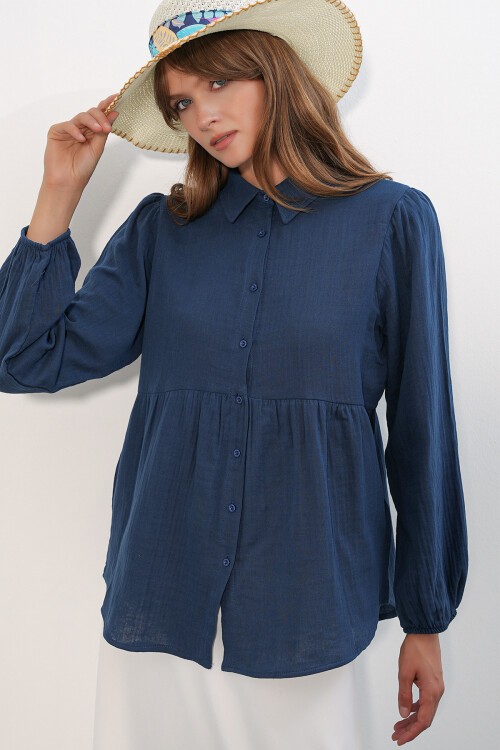 Kadın Dokulu Oversize Keten Gömlek 20381 - Lacivert