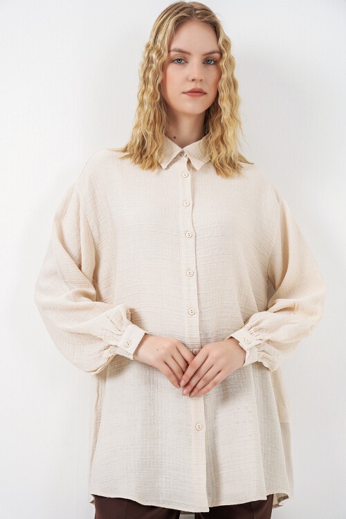 Kadın Dokulu Oversize Tunik 5989 - Krem