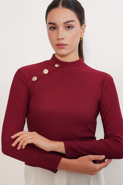 Kadın Düğme Detaylı Uzun Kol Bluz 40044 - Bordo
