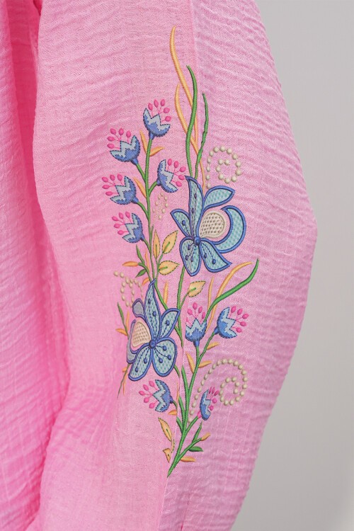 Kadın Nakışlı Oversize Bluz 1000 - Pembe