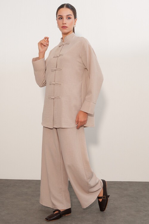 Kadın Oversize Gömlek Pantolon Keten İkili Takım 30126 - Bej