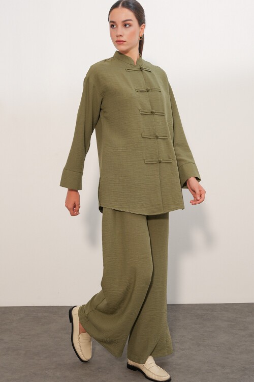 Kadın Oversize Gömlek Pantolon Keten İkili Takım 30126 - Haki