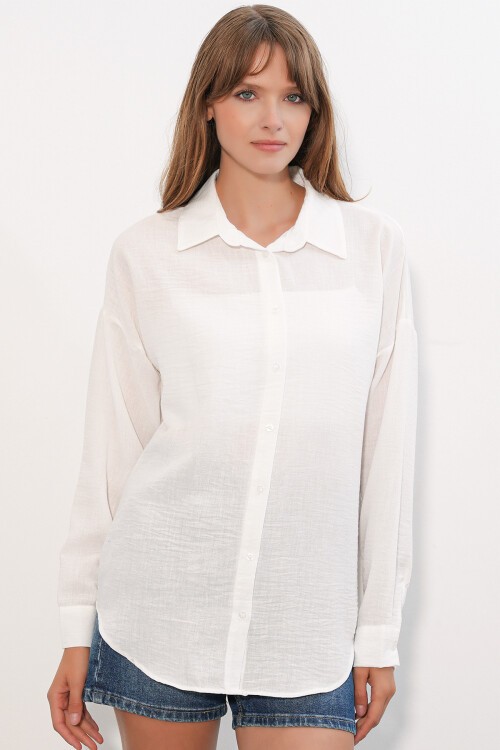 Kadın Oversize Keten Gömlek 20338 - B.Beyaz